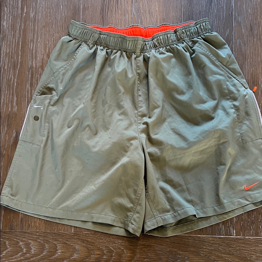 Nike Khaki Green Running Shorts with Orange Built In Underwear